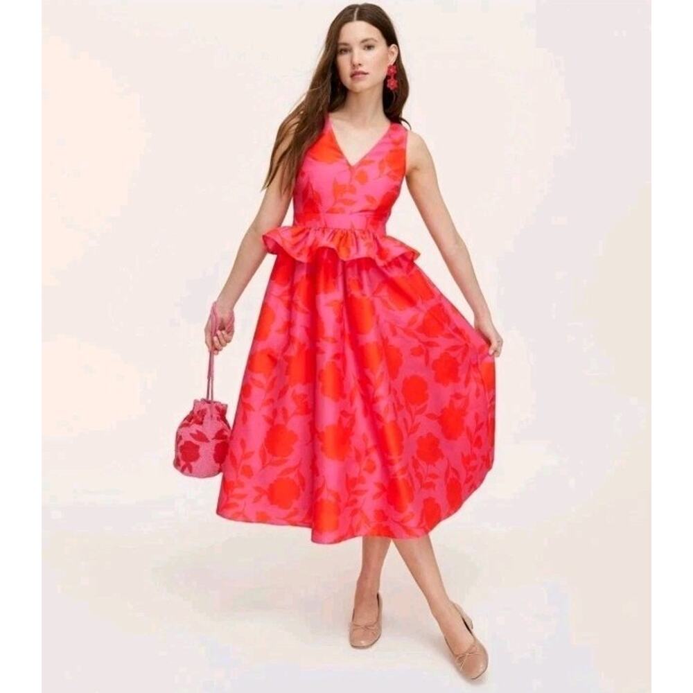 Kate Spade Target Pink Red Floral Peplum Midi Dress 12 Sleeveless V Neck Pockets